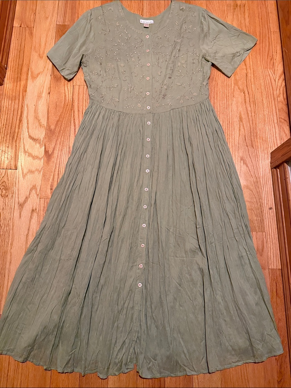 Embroidered Button-Front Maxi Dress Light Olive Cotton Blend Sz 12 Lagenlook